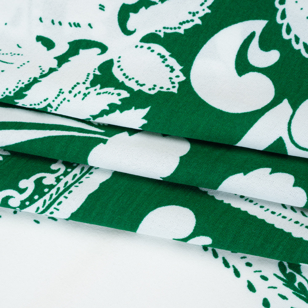 Polyester Woven Print - Emerald Green and White Floral - Designer Deadstock