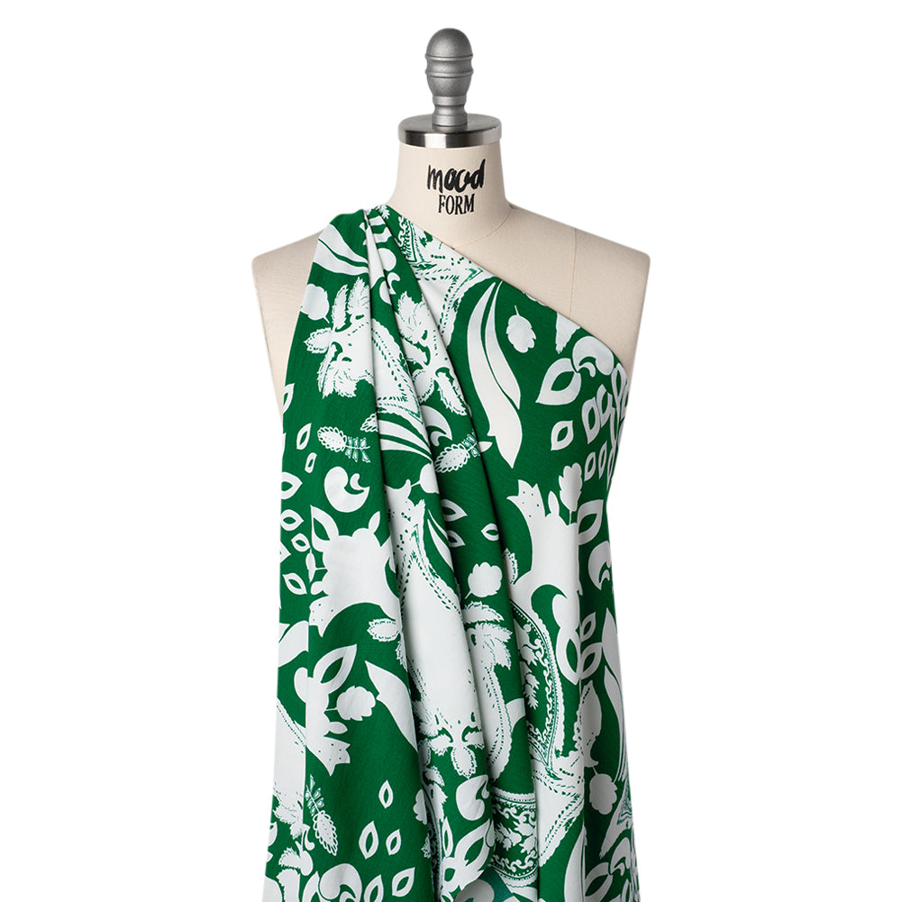 Polyester Woven Print - Emerald Green and White Floral - Designer Deadstock