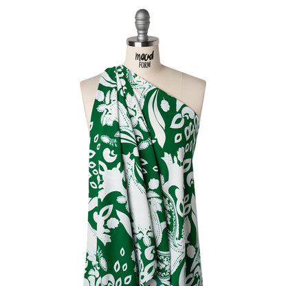 Polyester Woven Print - Emerald Green and White Floral - Designer Deadstock