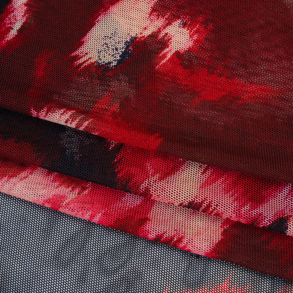 Stretch Polyester Mesh Print - Midnight Blue, Wine Red and Purple Ikat Florals - Designer Deadstock Folded