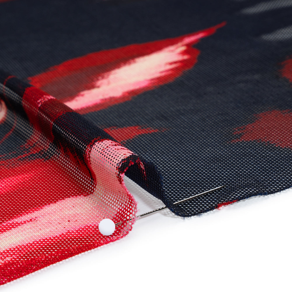 Stretch Polyester Mesh Print - Midnight Blue, Wine Red and Purple Ikat Florals - Designer Deadstock Detail