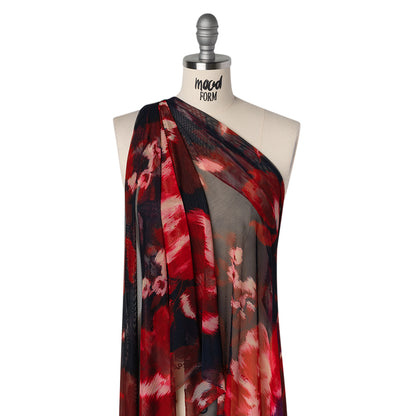 Stretch Polyester Mesh Print - Midnight Blue, Wine Red and Purple Ikat Florals - Designer Deadstock Drape