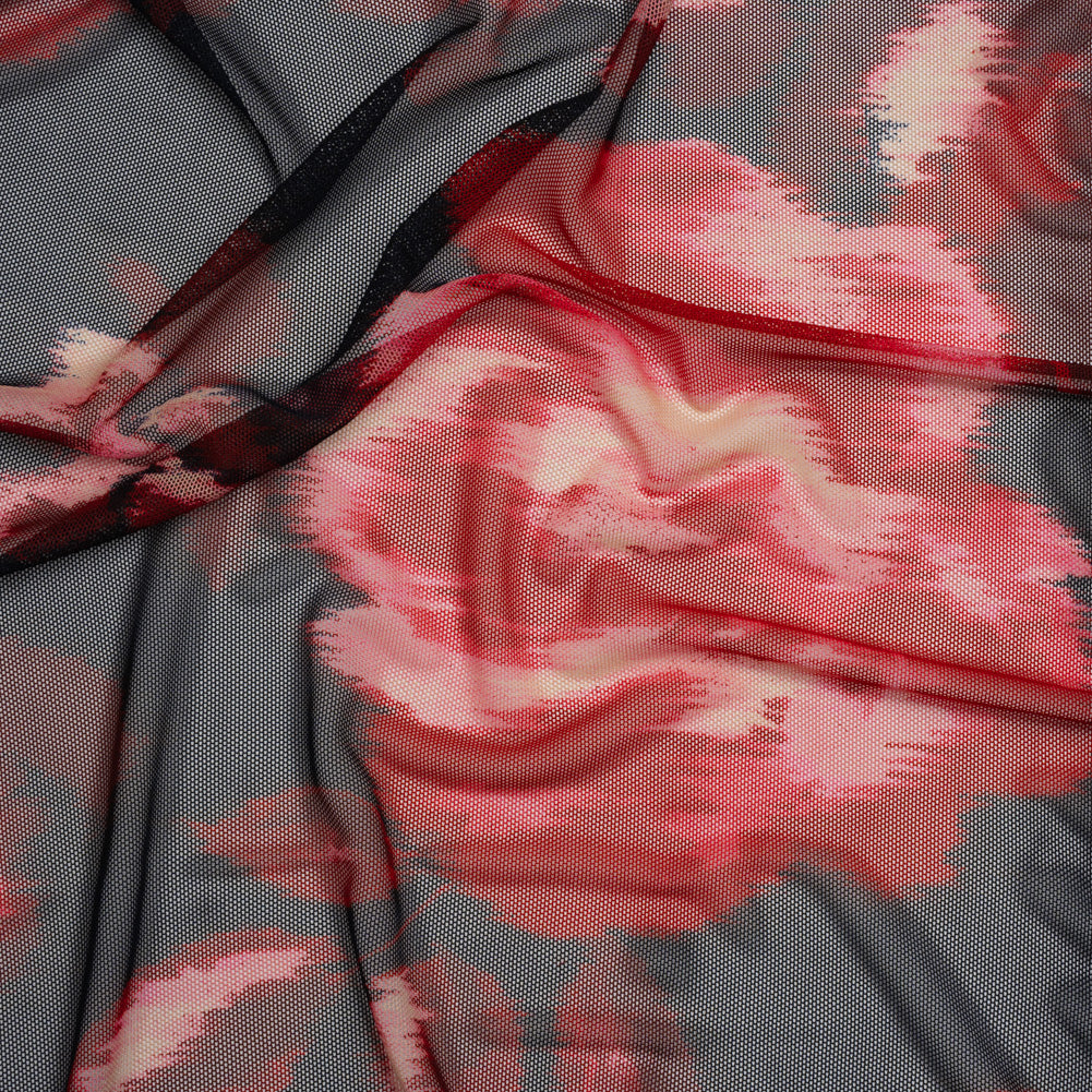 Stretch Polyester Mesh Print - Midnight Blue, Wine Red and Purple Ikat Florals - Designer Deadstock