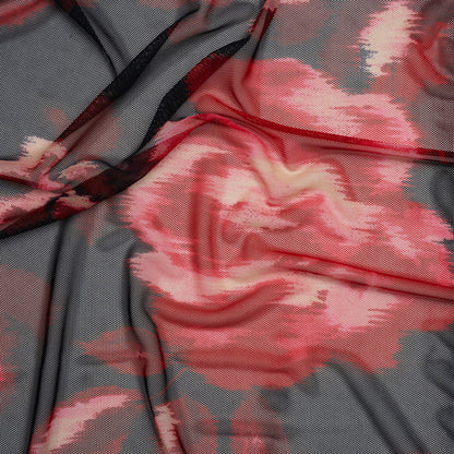 Stretch Polyester Mesh Print - Midnight Blue, Wine Red and Purple Ikat Florals - Designer Deadstock
