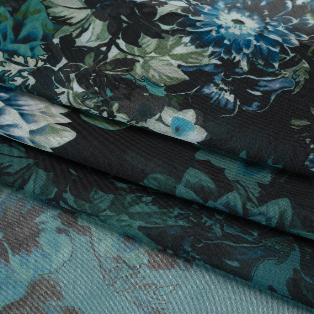 Polyester Chiffon Panel - Dark Green, Blue and White Floral - Designer Deadstock