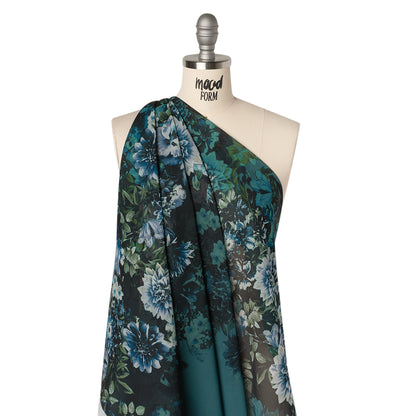 Polyester Chiffon Panel - Dark Green, Blue and White Floral - Designer Deadstock