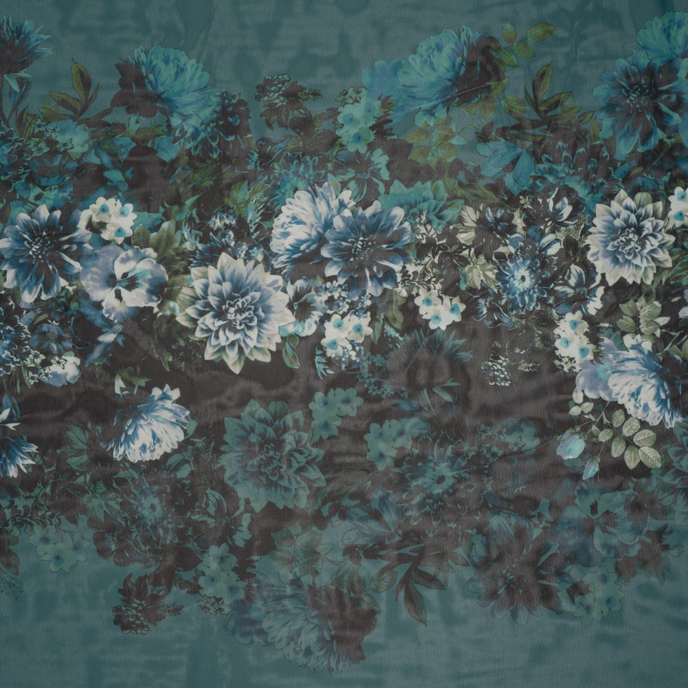 Polyester Chiffon Panel - Dark Green, Blue and White Floral - Designer Deadstock