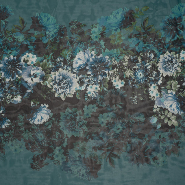 Polyester Chiffon Panel - Dark Green, Blue and White Floral - Designer Deadstock