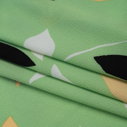 Puckered Stretch Polyester Crepe Print - Summer Green, Black and Beige Simple Flowers - Designer Deadstock