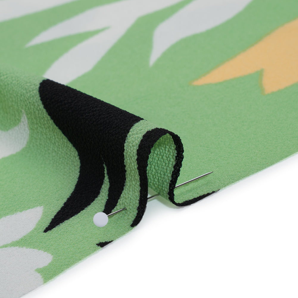 Puckered Stretch Polyester Crepe Print - Summer Green, Black and Beige Simple Flowers - Designer Deadstock