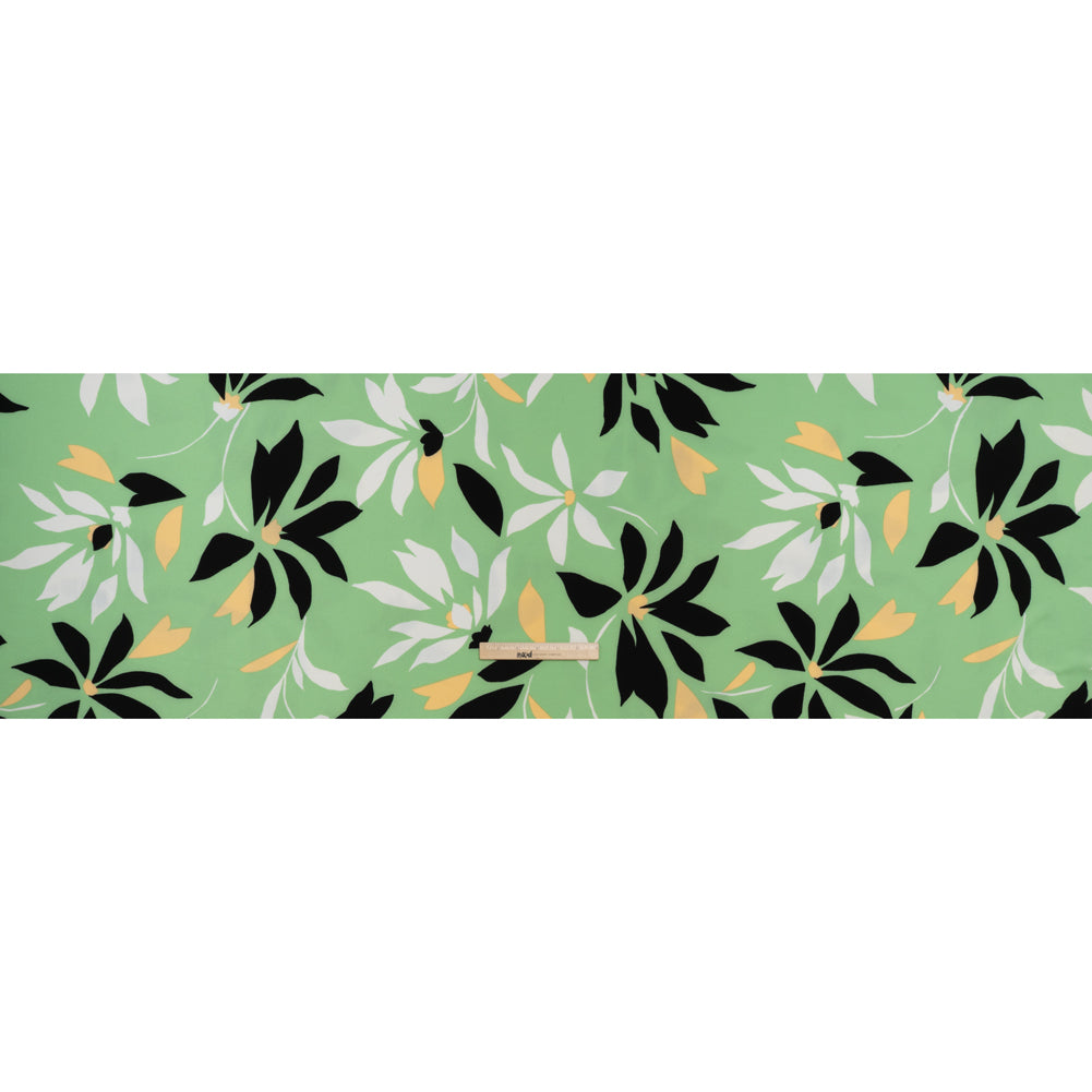 Puckered Stretch Polyester Crepe Print - Summer Green, Black and Beige Simple Flowers - Designer Deadstock