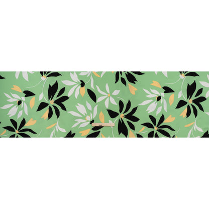 Puckered Stretch Polyester Crepe Print - Summer Green, Black and Beige Simple Flowers - Designer Deadstock