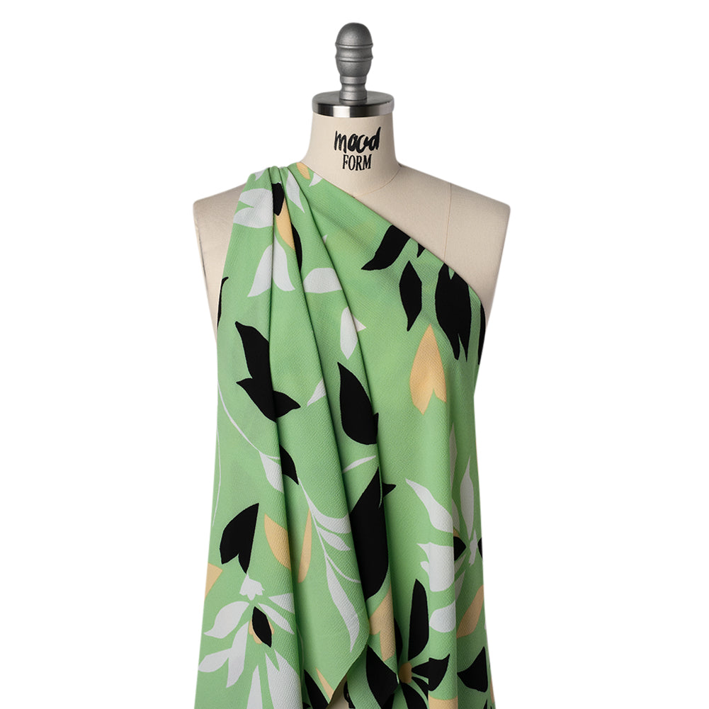 Puckered Stretch Polyester Crepe Print - Summer Green, Black and Beige Simple Flowers - Designer Deadstock
