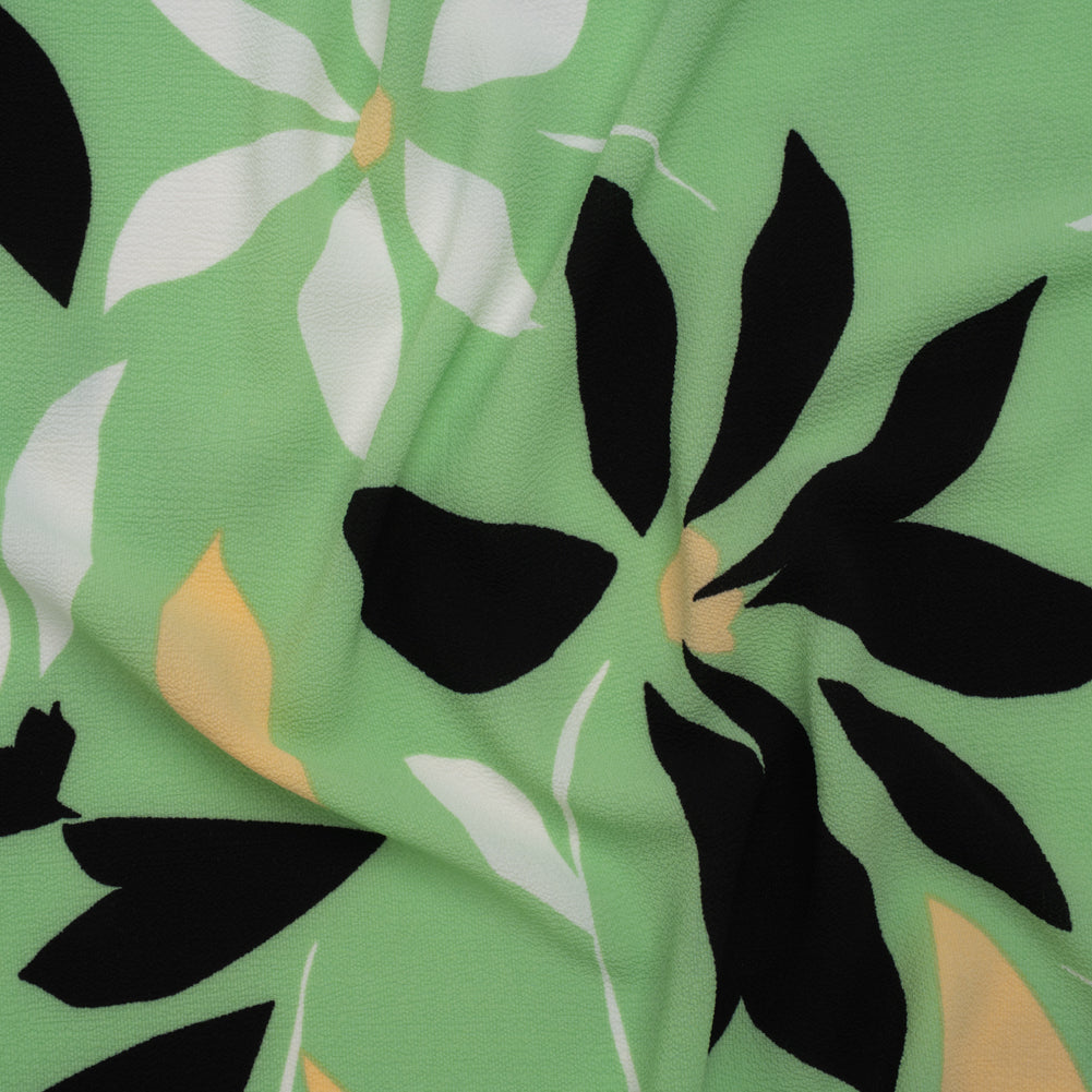 Puckered Stretch Polyester Crepe Print - Summer Green, Black and Beige Simple Flowers - Designer Deadstock