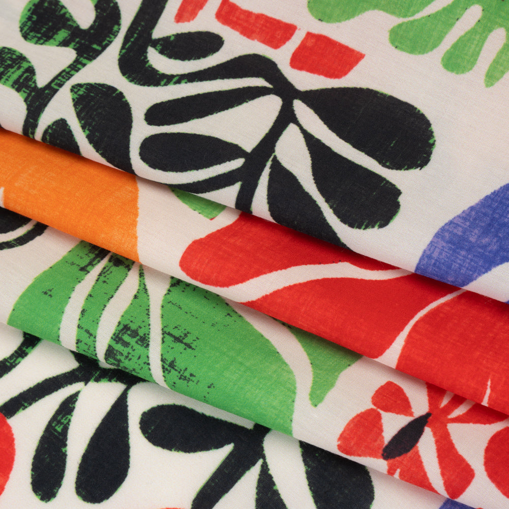 Polyester Shirting Print - Red, Orange and Ultramarine Simple Floral Blocks and Borders - Designer Deadstock