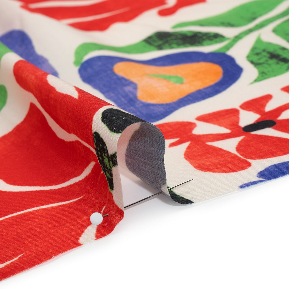 Polyester Shirting Print - Red, Orange and Ultramarine Simple Floral Blocks and Borders - Designer Deadstock