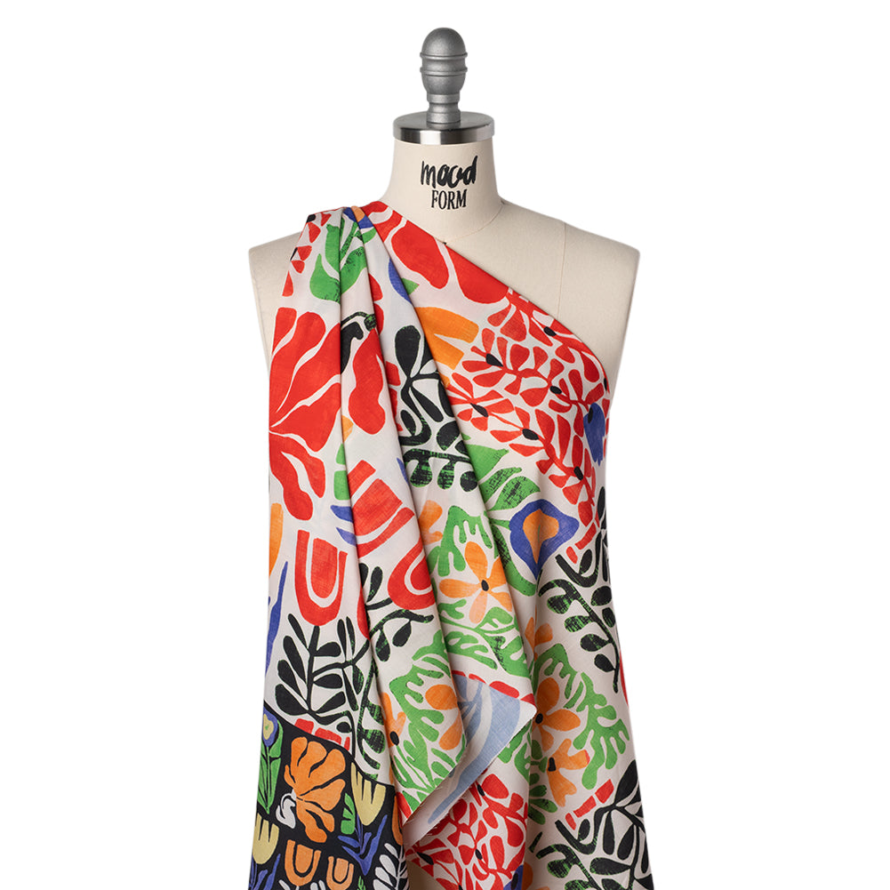 Polyester Shirting Print - Red, Orange and Ultramarine Simple Floral Blocks and Borders - Designer Deadstock