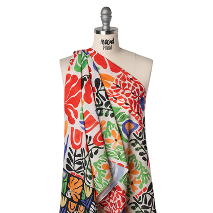 Polyester Shirting Print - Red, Orange and Ultramarine Simple Floral Blocks and Borders - Designer Deadstock