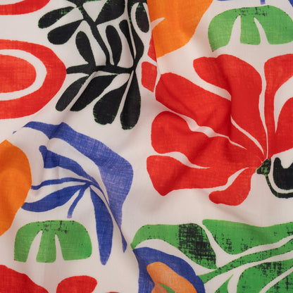 Polyester Shirting Print - Red, Orange and Ultramarine Simple Floral Blocks and Borders - Designer Deadstock
