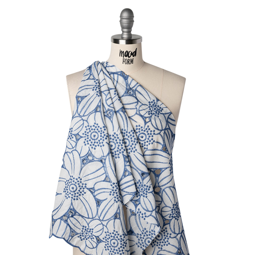 Embroidered Eyelet Cotton Voile with Scalloped Edges - Country Blue and White Florals - Designer Deadstock