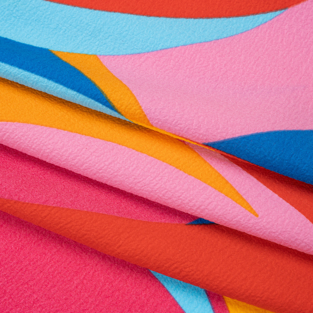 Stretch Polyester Seersucker Print - Pink, Golden Yellow and Blue Abstract - Designer Deadstock