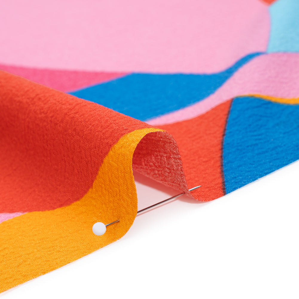 Stretch Polyester Seersucker Print - Pink, Golden Yellow and Blue Abstract - Designer Deadstock