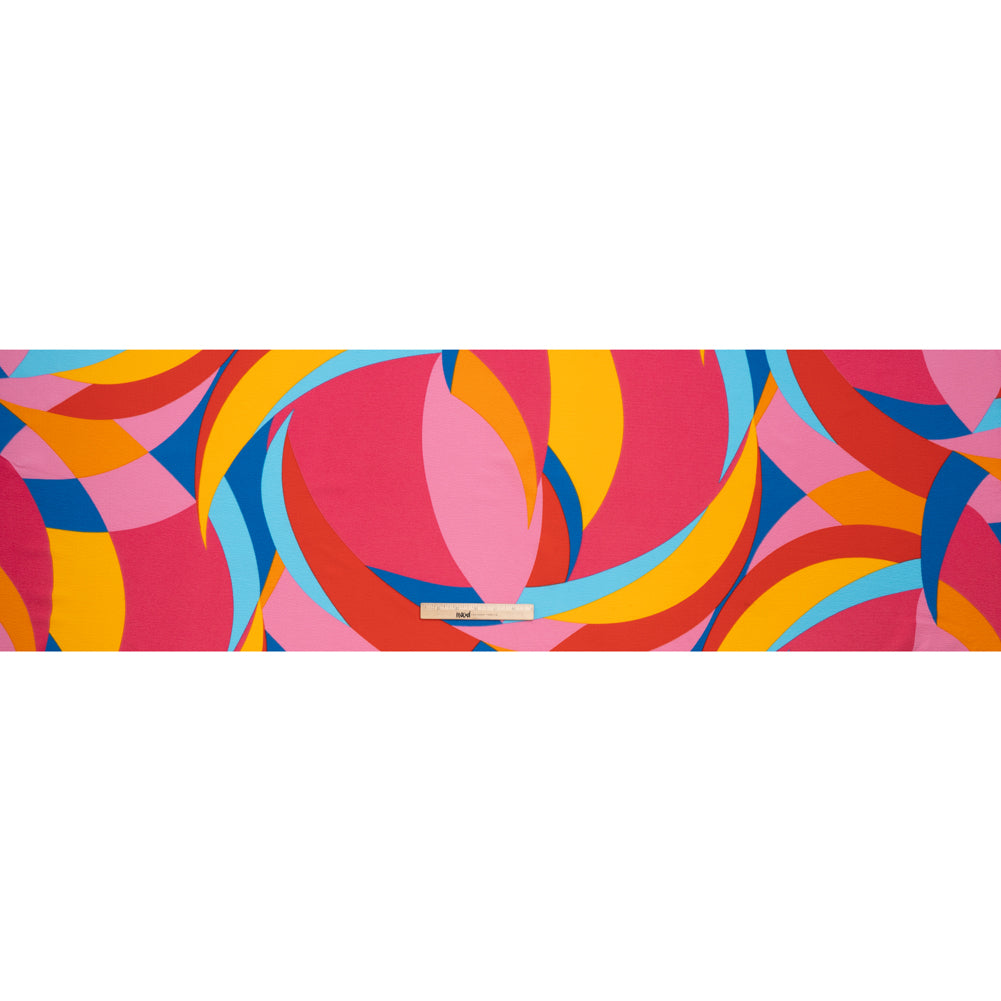 Stretch Polyester Seersucker Print - Pink, Golden Yellow and Blue Abstract - Designer Deadstock