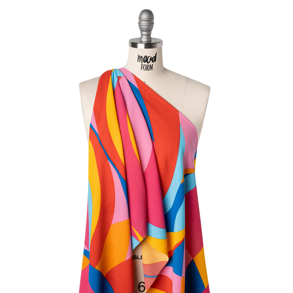 Stretch Polyester Seersucker Print - Pink, Golden Yellow and Blue Abstract - Designer Deadstock