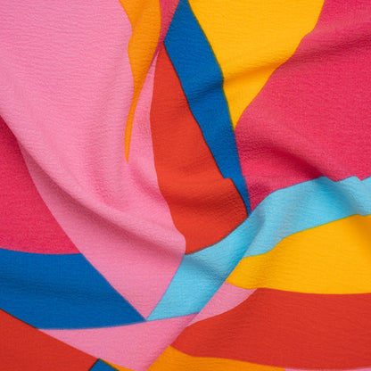 Stretch Polyester Seersucker Print - Pink, Golden Yellow and Blue Abstract - Designer Deadstock