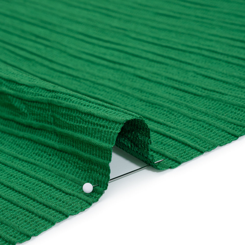 Textured Polyester and Rayon Woven with Faux Pintucks - Kelly Green Stripes - Designer Deadstock
