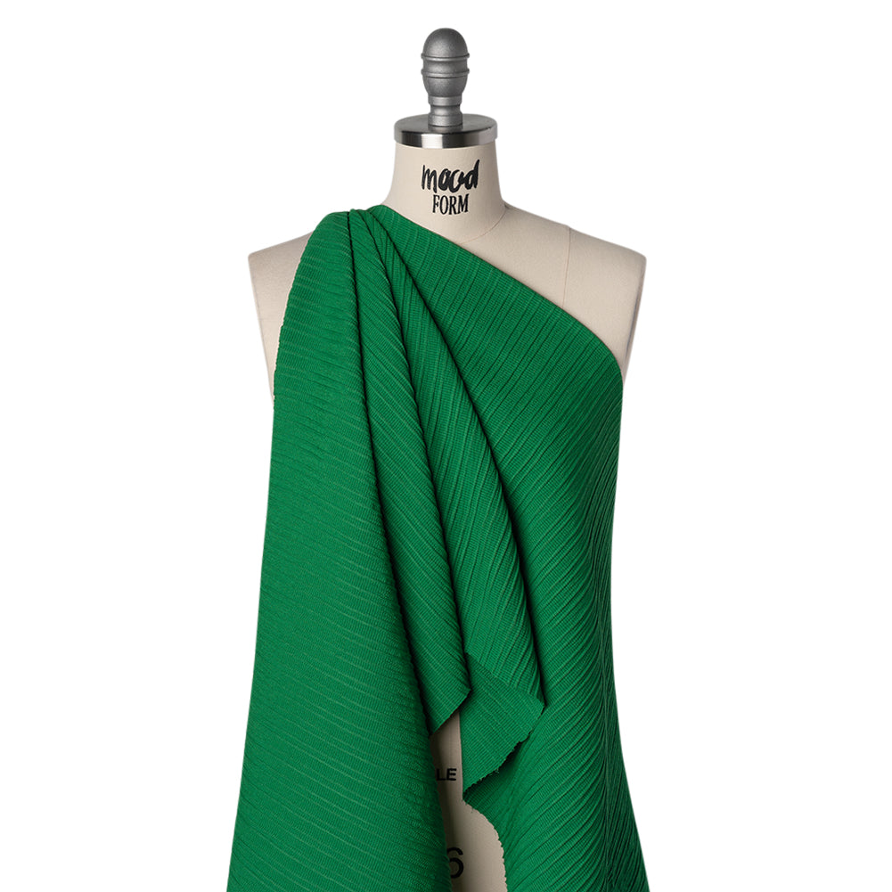 Textured Polyester and Rayon Woven with Faux Pintucks - Kelly Green Stripes - Designer Deadstock