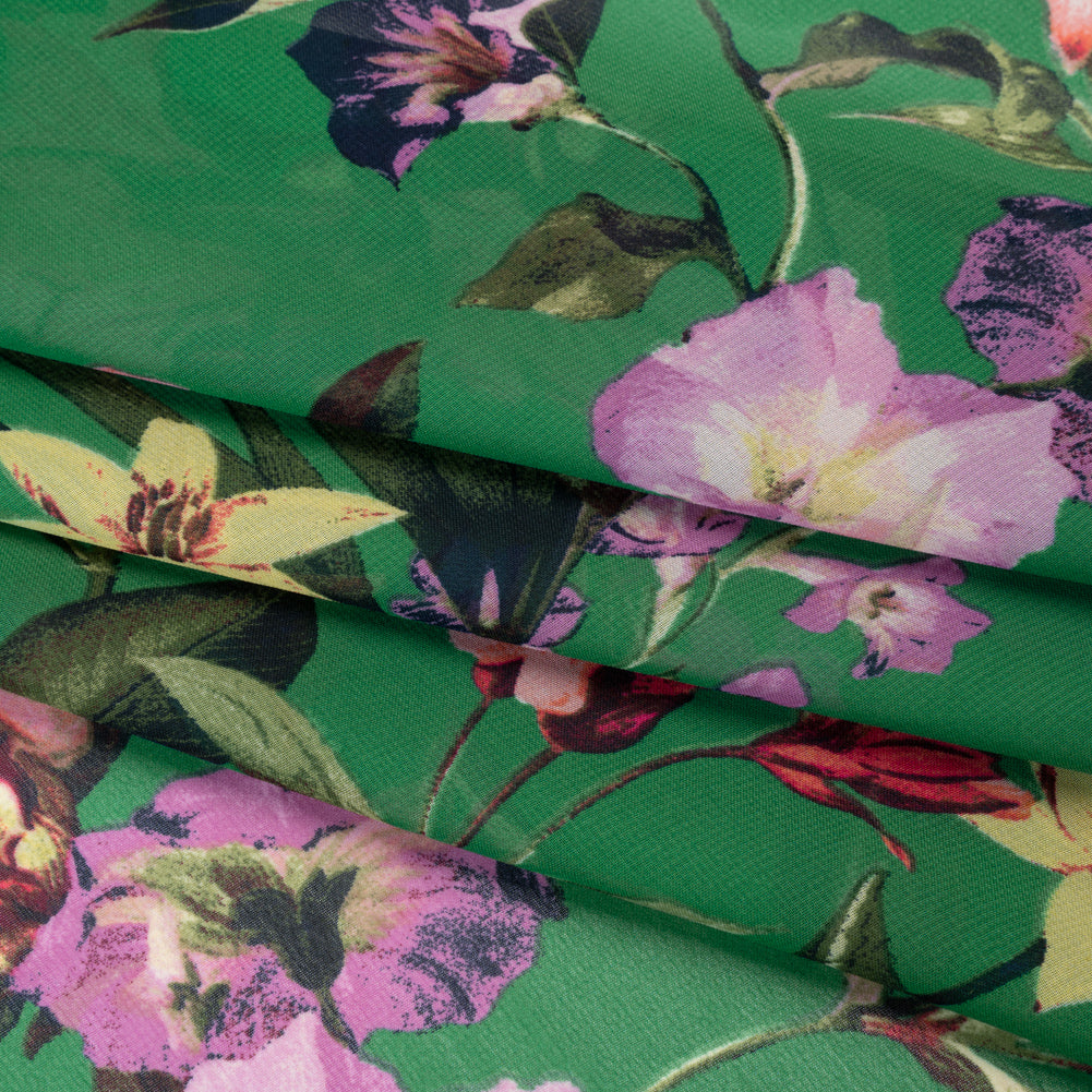 Polyester Chiffon Print - Kelly Green, Pink and Purple Tropical Blooms - Designer Deadstock Folded