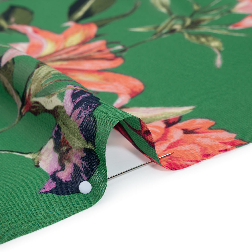 Polyester Chiffon Print - Kelly Green, Pink and Purple Tropical Blooms - Designer Deadstock Detail