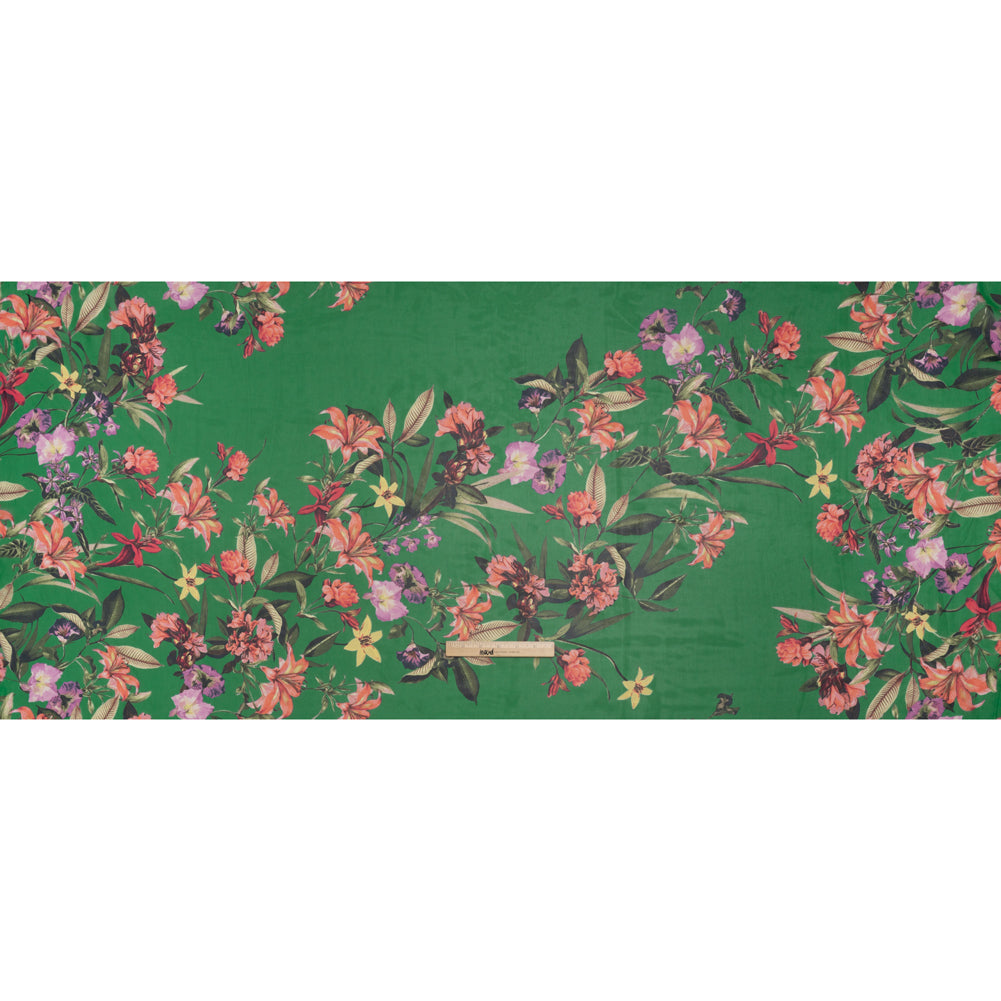 Polyester Chiffon Print - Kelly Green, Pink and Purple Tropical Blooms - Designer Deadstock - Full
