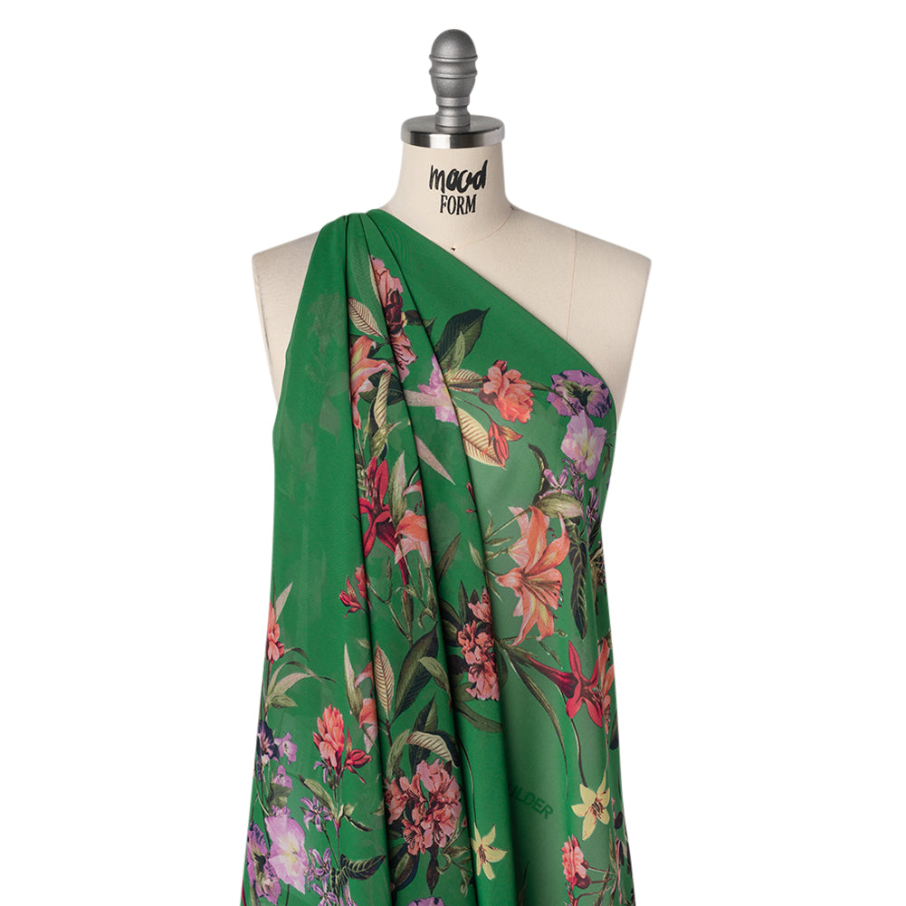 Polyester Chiffon Print - Kelly Green, Pink and Purple Tropical Blooms - Designer Deadstock Drape