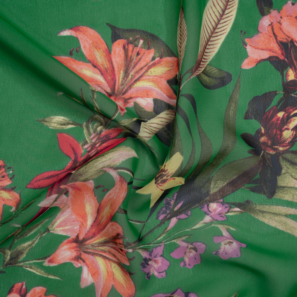 Polyester Chiffon Print - Kelly Green, Pink and Purple Tropical Blooms - Designer Deadstock