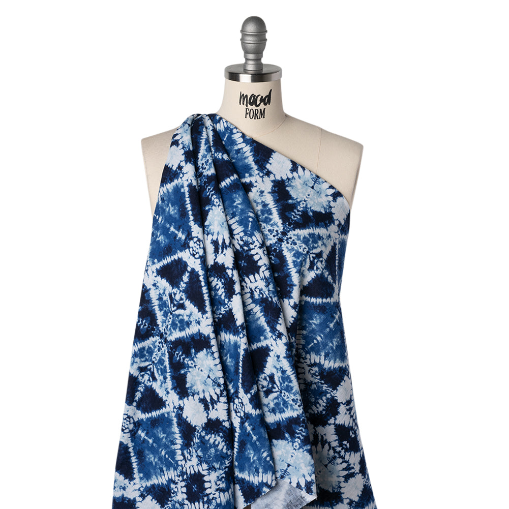 Double Cotton Gauze Print - Blue and White Diamond Tie-Dye - Designer Deadstock