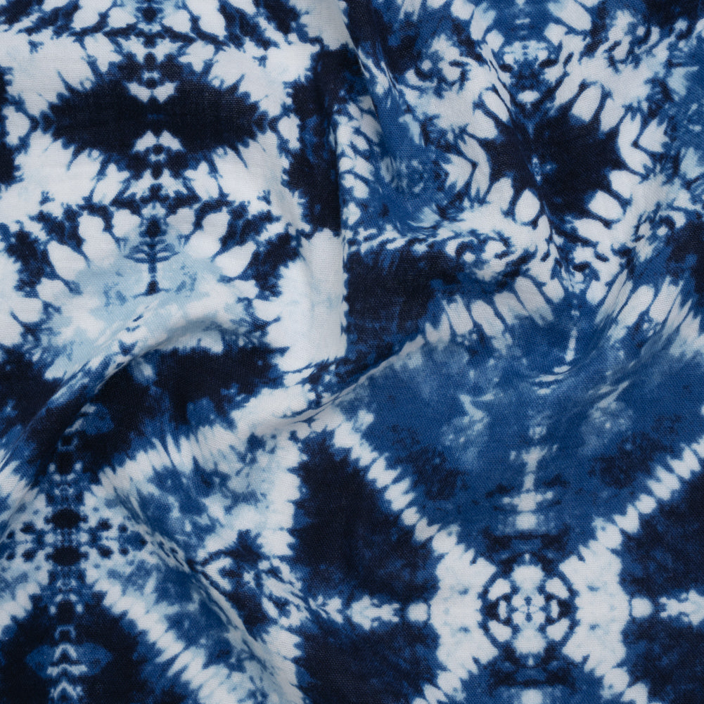 Double Cotton Gauze Print - Blue and White Diamond Tie-Dye - Designer Deadstock