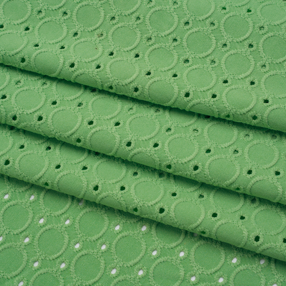 Stretch Polyester Eyelet Jersey - Absinthe Green Circles and Dots - Designer Deadstock
