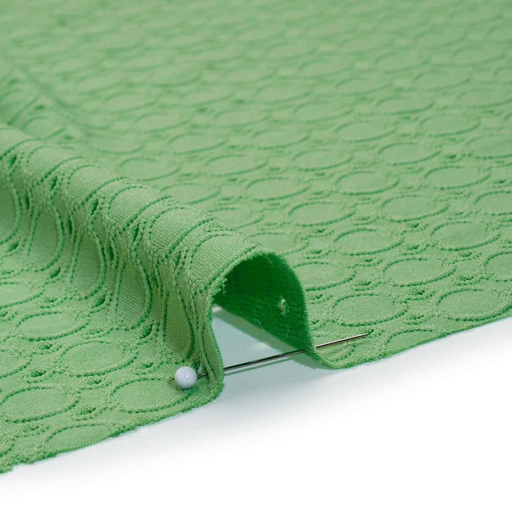 Stretch Polyester Eyelet Jersey - Absinthe Green Circles and Dots - Designer Deadstock