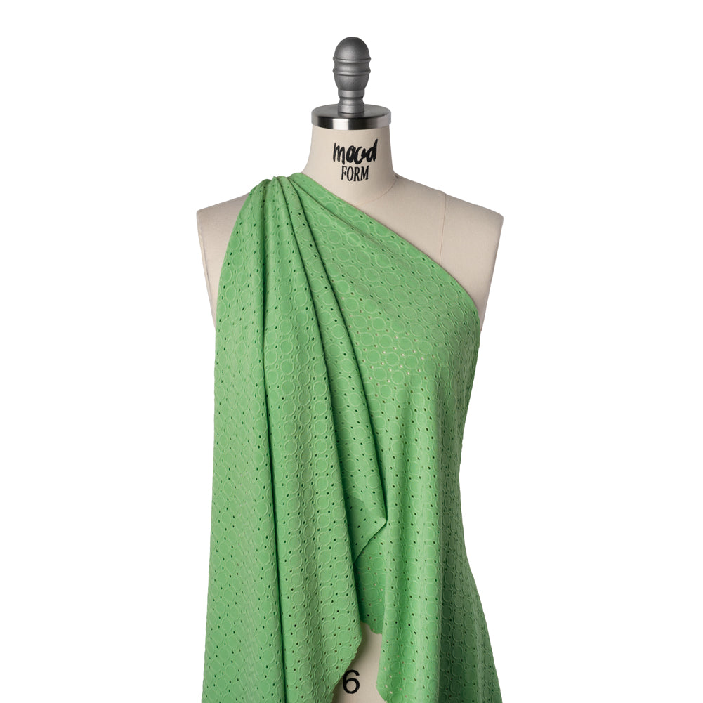 Stretch Polyester Eyelet Jersey - Absinthe Green Circles and Dots - Designer Deadstock