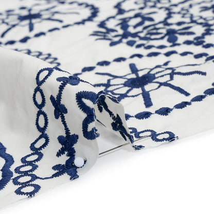 Embroidered Cotton and Polyester Shirting with Scalloped Edges - White and Navy Blue Floral Medallions - Designer Deadstock