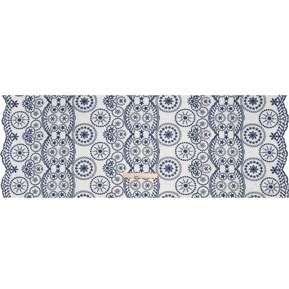 Embroidered Cotton and Polyester Shirting with Scalloped Edges - White and Navy Blue Floral Medallions - Designer Deadstock
