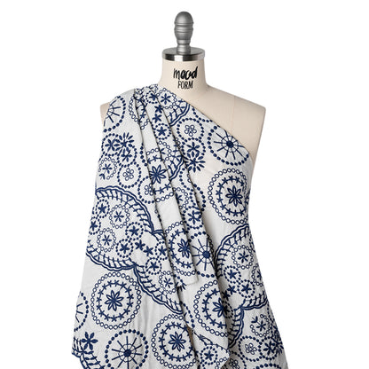 Embroidered Cotton and Polyester Shirting with Scalloped Edges - White and Navy Blue Floral Medallions - Designer Deadstock