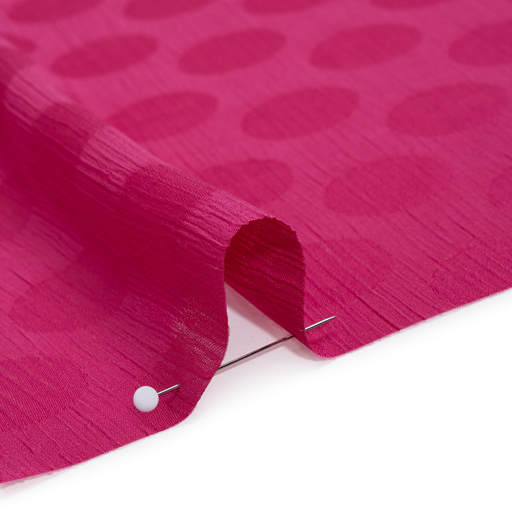 Crinkled Polyester Satin-Face Chiffon Jacquard - Fuchsia Polka Dots - Designer Deadstock