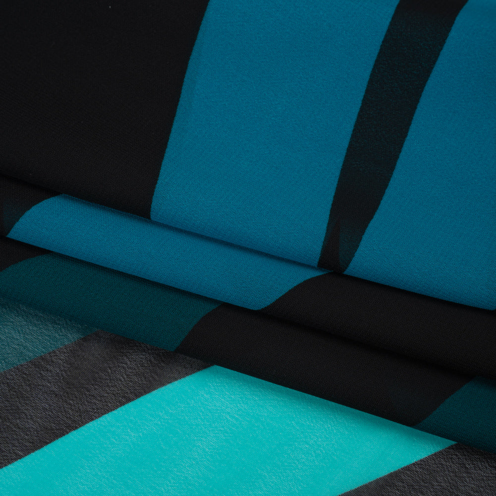 Polyester Chiffon Print - Green, Blue and Black Abstract - Designer Deadstock