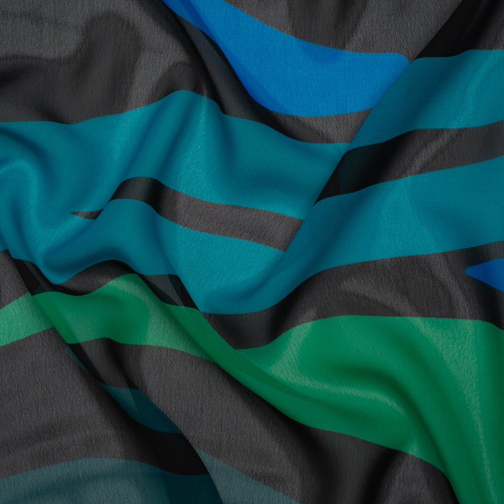 Polyester Chiffon Print - Green, Blue and Black Abstract - Designer Deadstock
