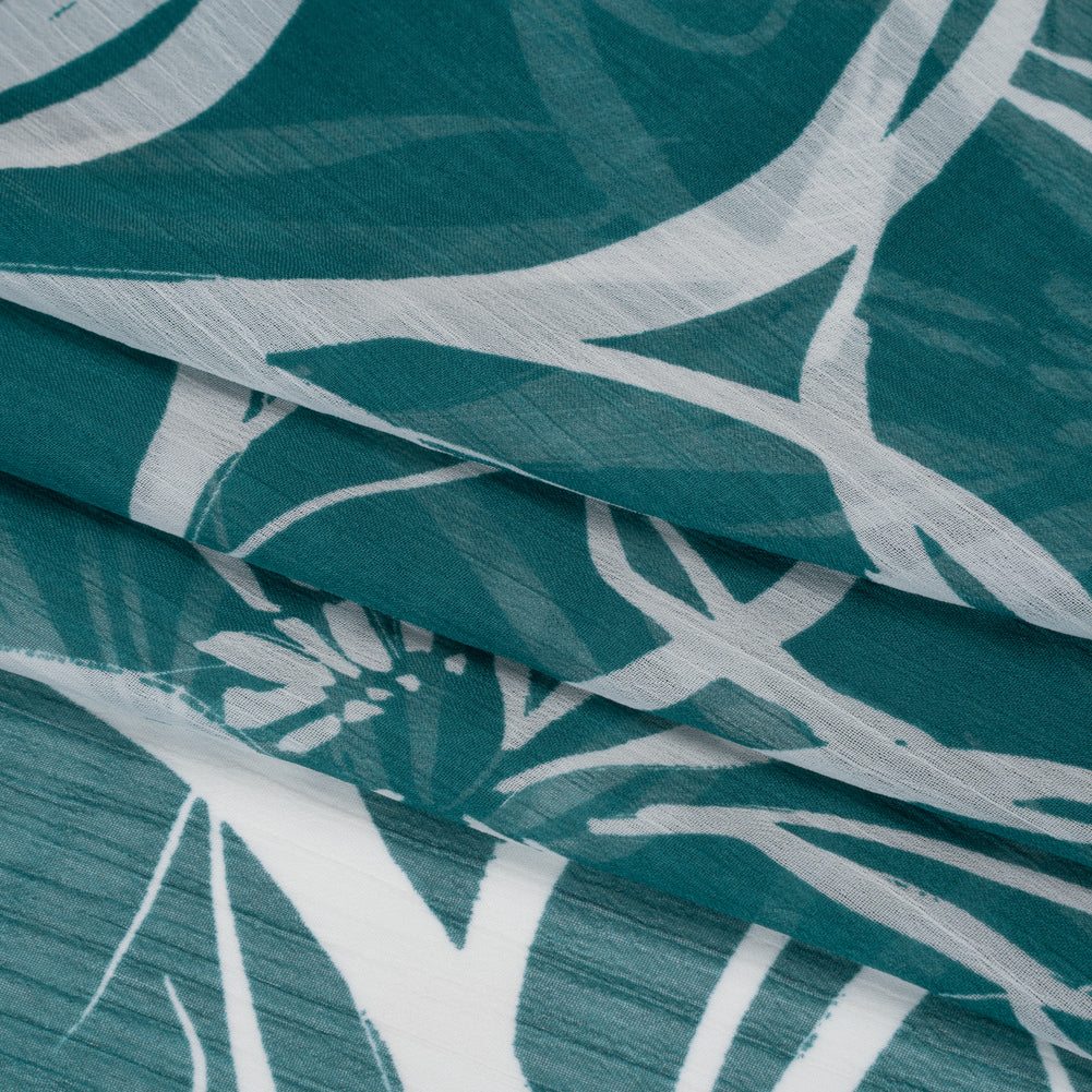 Crinkled Polyester Chiffon Print - Teal and White Floral Linework - Designer Deadstock