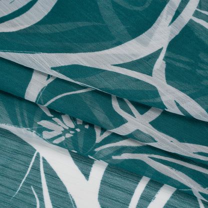 Crinkled Polyester Chiffon Print - Teal and White Floral Linework - Designer Deadstock