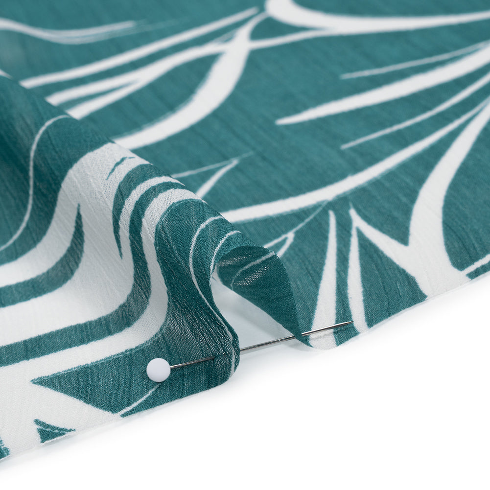 Crinkled Polyester Chiffon Print - Teal and White Floral Linework - Designer Deadstock